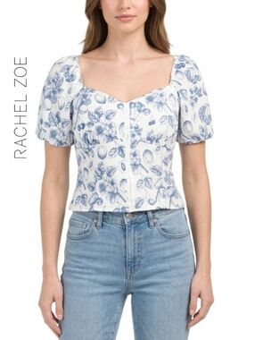 Sz S Rachel Zoe Linen Blend Fruits Print Blue Puff-Sleeve Blouse